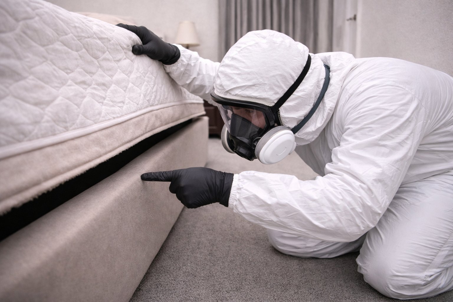 Pest control technician inspecting a mattress for bed bugs
