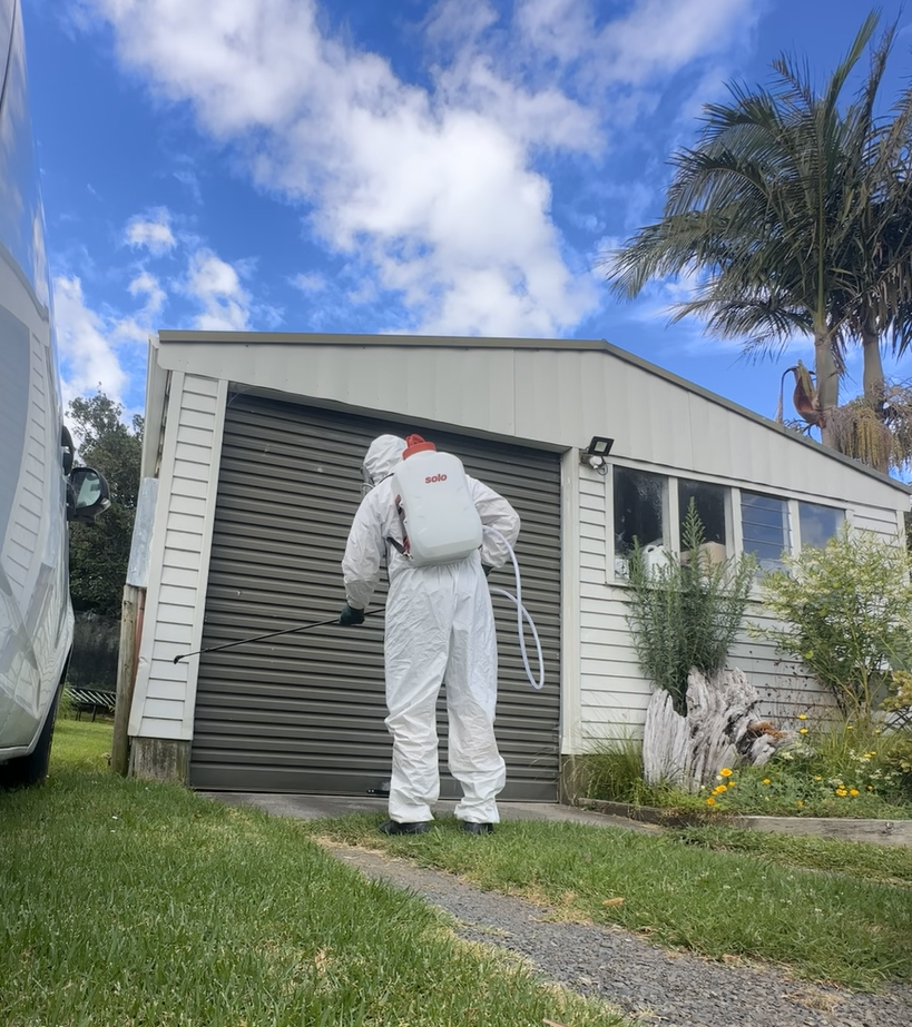 Pest control technician carrying out flea treatment at a residential property