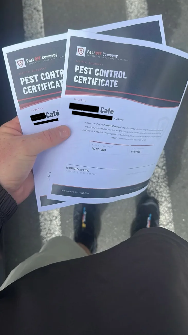 Pest control certificate issued by Pest OFF Company to an Auckland cafe for its Food Control Plan